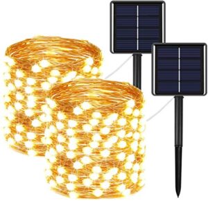 yiqu 2-pack each 72ft 200 led solar string lights outdoor, waterproof solar outdoor lights (upgraded brighter led beads), 8 modes solar fairy lights for garden xmas tree patio party (warm white)