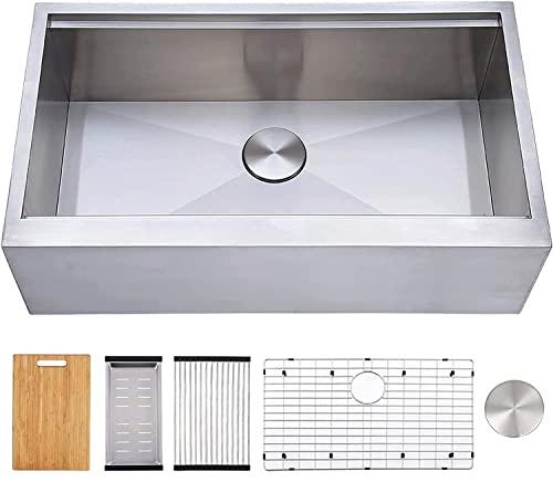 VESLA HOME 33 inch Farmhouse Sink, 304 Stainless Steel Single Bowl Workstation Kitchen Sink, Handmade 16 Gauge 9 inch Deep Apron Sink Farm Sink with Accessories