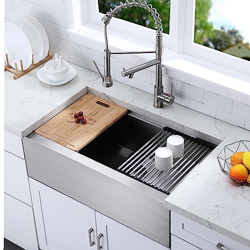 VESLA HOME 33 inch Farmhouse Sink, 304 Stainless Steel Single Bowl Workstation Kitchen Sink, Handmade 16 Gauge 9 inch Deep Apron Sink Farm Sink with Accessories