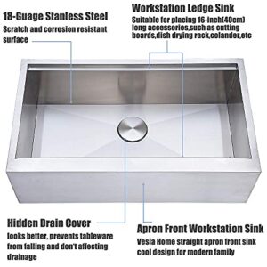 VESLA HOME 33 inch Farmhouse Sink, 304 Stainless Steel Single Bowl Workstation Kitchen Sink, Handmade 16 Gauge 9 inch Deep Apron Sink Farm Sink with Accessories