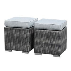 patiorama 2 pieces assembled outdoor patio ottoman, indoor outdoor all-weather grey wicker rattan outdoor footstool footrest seat with light grey cushions, no assembly required