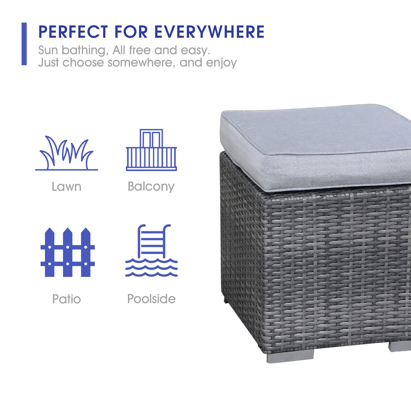 Patiorama 2 Pieces Assembled Outdoor Patio Ottoman, Indoor Outdoor All-Weather Grey Wicker Rattan Outdoor Footstool Footrest Seat with Light Grey Cushions, No Assembly Required