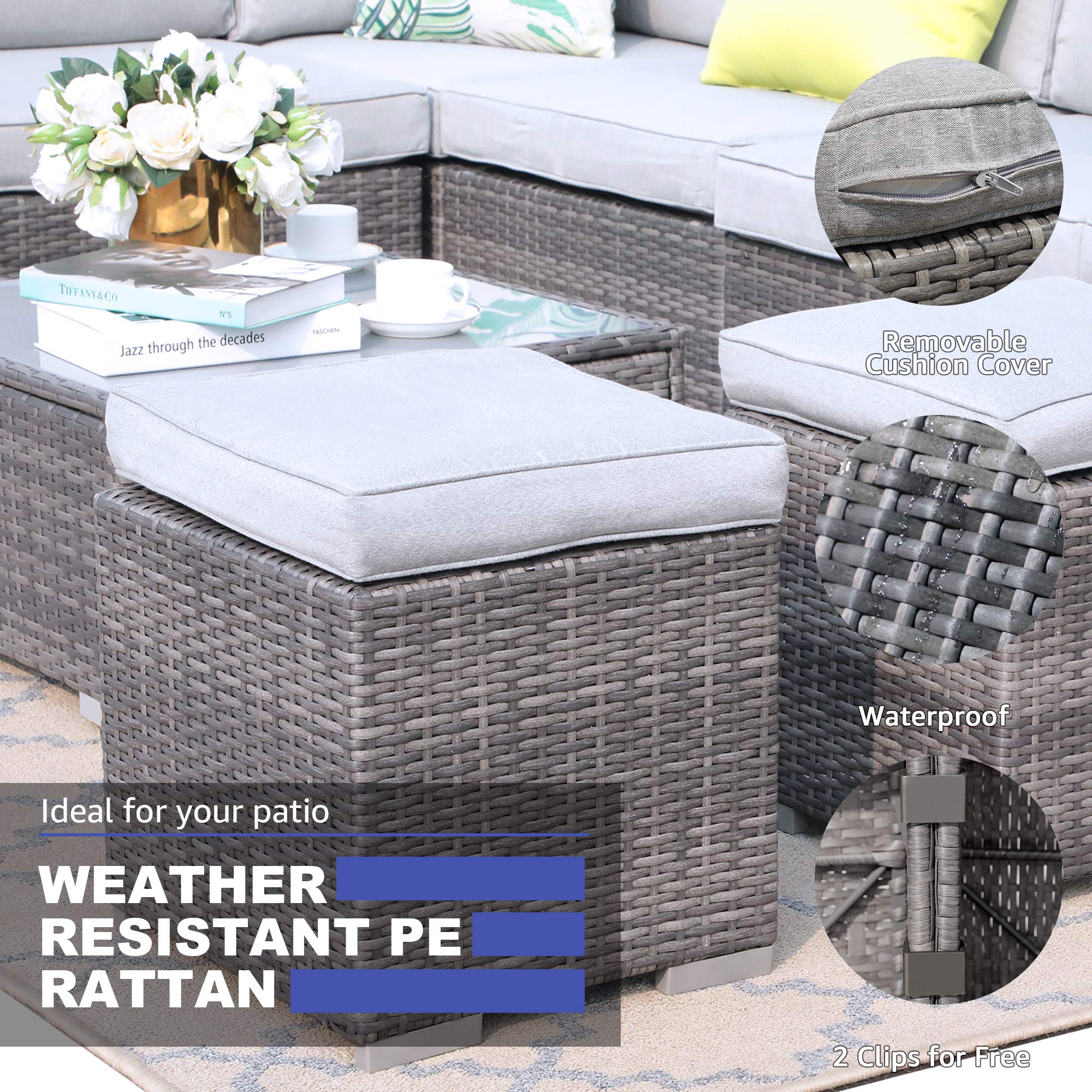 Patiorama 2 Pieces Assembled Outdoor Patio Ottoman, Indoor Outdoor All-Weather Grey Wicker Rattan Outdoor Footstool Footrest Seat with Light Grey Cushions, No Assembly Required