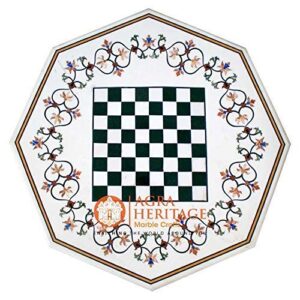 whtie marble chess dining 51" table top floral marquetry arts playroom decor gift for chess player