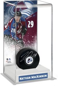 nathan mackinnon colorado avalanche autographed puck with deluxe tall hockey puck case - autographed nhl pucks