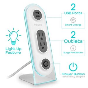 Aduro Dual USB 2 Outlet Power Strip Charging Desktop Stand Hub Extension for Phone, Laptop, with Surge Protection, Power Button, 4ft Cord - White/Grey