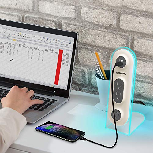 Aduro Dual USB 2 Outlet Power Strip Charging Desktop Stand Hub Extension for Phone, Laptop, with Surge Protection, Power Button, 4ft Cord - White/Grey