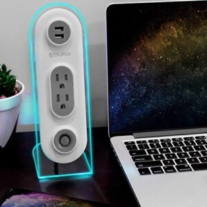 Aduro Dual USB 2 Outlet Power Strip Charging Desktop Stand Hub Extension for Phone, Laptop, with Surge Protection, Power Button, 4ft Cord - White/Grey