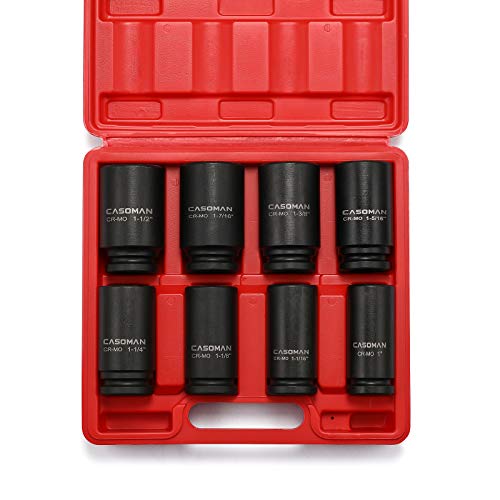 CASOMAN 3/4" Drive Deep Impact Socket Set, 8 Piece Set, SAE Sizes (1-Inch to 1-1/2-Inch), 6 Point, 3/4" Dr. Heavy Duty Impact Socket Set