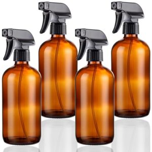 empty glass spray bottles 16oz for cleaning, plants, pets, essential oils, air freshener, durable black trigger sprayer with stream and mist settings (amber, 16oz(pack of 4))