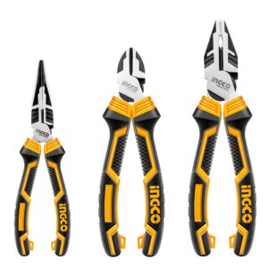 INGCO 3 Pcs High Leverage Pliers Set, 6" Long Needle Nose Pliers 7" Diagonal Cutting Pliers 8" Combination Pliers Set HKHLPS2831