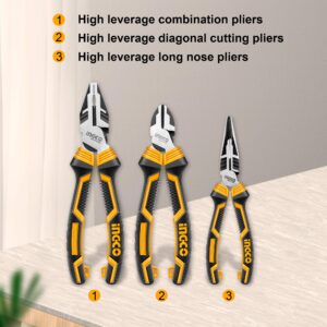 INGCO 3 Pcs High Leverage Pliers Set, 6" Long Needle Nose Pliers 7" Diagonal Cutting Pliers 8" Combination Pliers Set HKHLPS2831