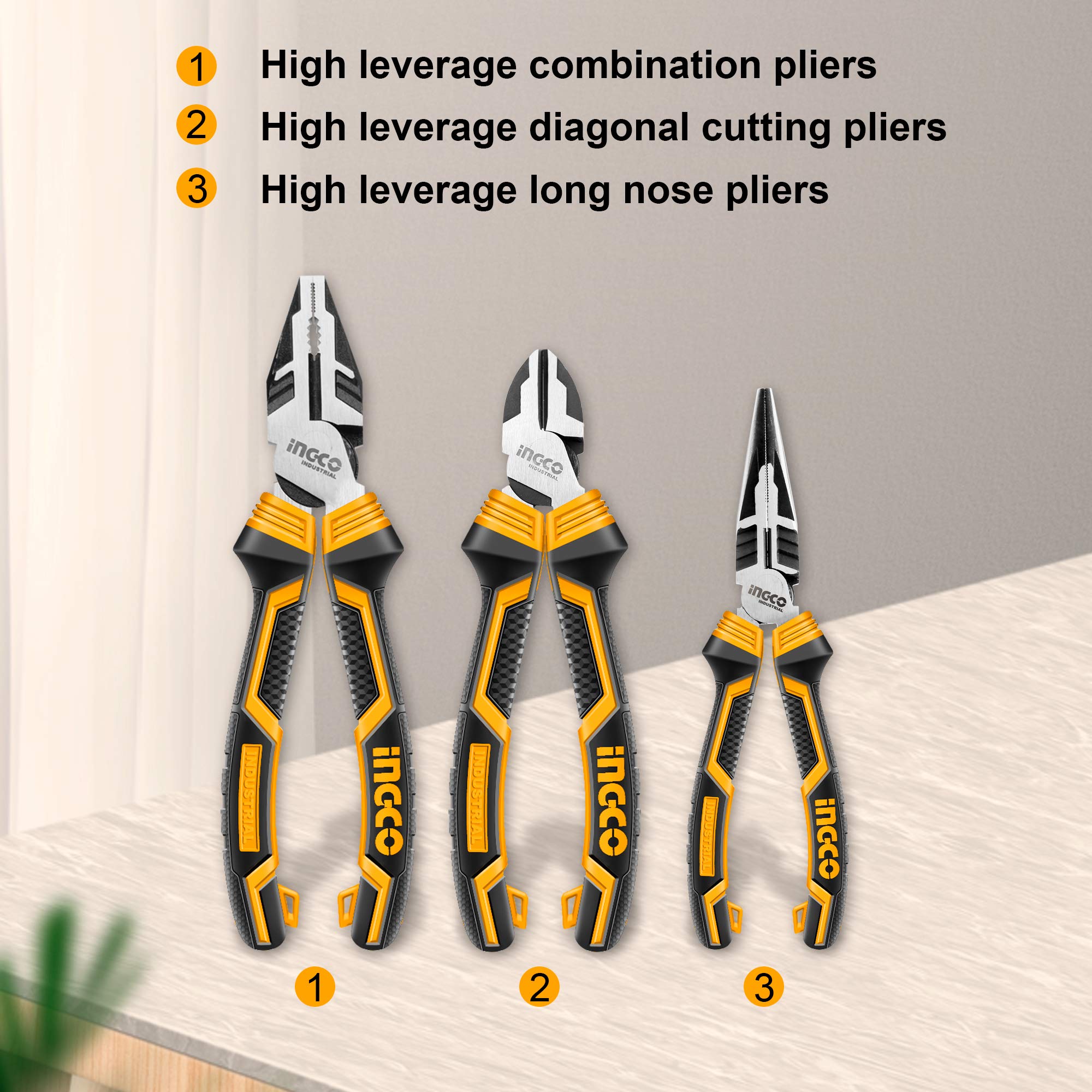INGCO 3 Pcs High Leverage Pliers Set, 6" Long Needle Nose Pliers 7" Diagonal Cutting Pliers 8" Combination Pliers Set HKHLPS2831