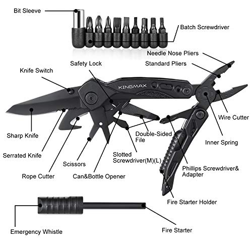 KINGMAX Multitool with Pliers, Fire Starter, whistle,Scissors,Screwdriver,15 in 1 EDC Multi Tool with Safety Locking,Perfect Survival Knife tool Gifts for Men Women,Outdoor,Camping,Fishing