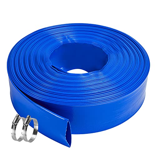 LEBLEBALL 1.5''x50FT Blue Backwash Hose, Heavy Duty Discharge Hose Reinforced PVC Pool Drain Hose Weather and Chemical Resistant, Ideal for Swimming Pools and Water Transfer, with 2 Clamp