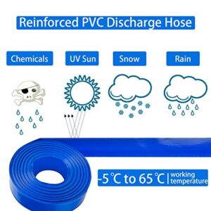 LEBLEBALL 1.5''x50FT Blue Backwash Hose, Heavy Duty Discharge Hose Reinforced PVC Pool Drain Hose Weather and Chemical Resistant, Ideal for Swimming Pools and Water Transfer, with 2 Clamp