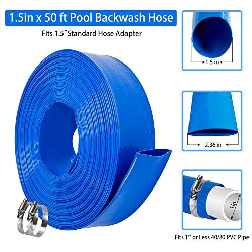 LEBLEBALL 1.5''x50FT Blue Backwash Hose, Heavy Duty Discharge Hose Reinforced PVC Pool Drain Hose Weather and Chemical Resistant, Ideal for Swimming Pools and Water Transfer, with 2 Clamp