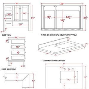 ARIEL 37" White Bathroom Vanity with 1.5" Edge Pure White Quartz Countertop & Backsplash, Right Rectangular Sink, 2 Soft Closing Doors, 5 Full Extension Dovetail Drawers, Brushed Nickel