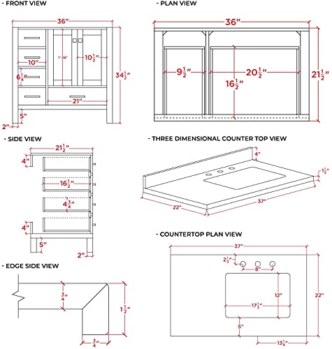 ARIEL 37" White Bathroom Vanity with 1.5" Edge Pure White Quartz Countertop & Backsplash, Right Rectangular Sink, 2 Soft Closing Doors, 5 Full Extension Dovetail Drawers, Brushed Nickel