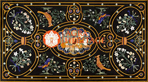 Marble Black Conference Dining Table Top Pietra Dura Inlay Marquetry Decor Wedding Gift | 75"x40" Inches