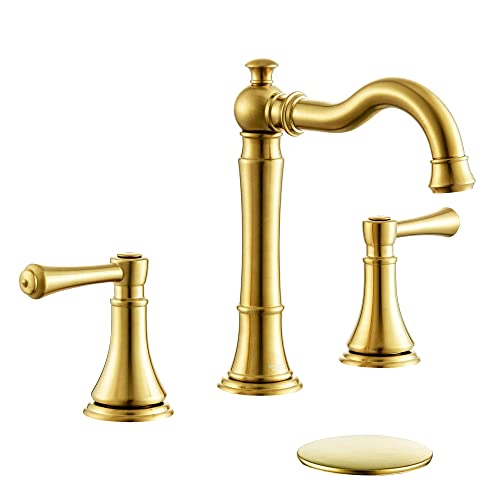 Roffenny Brushed Gold Bathroom Faucet 3 Hole, 8 inch Widespread Bathroom Sink Faucets Brushed Gold with Pop-up Drain Assembly, Traditional Two Handle Bath Vanity Faucet, 8" Spread Bathroom Faucets