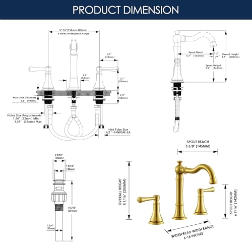 Roffenny Brushed Gold Bathroom Faucet 3 Hole, 8 inch Widespread Bathroom Sink Faucets Brushed Gold with Pop-up Drain Assembly, Traditional Two Handle Bath Vanity Faucet, 8" Spread Bathroom Faucets