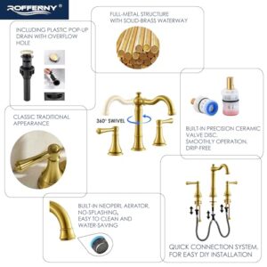 Roffenny Brushed Gold Bathroom Faucet 3 Hole, 8 inch Widespread Bathroom Sink Faucets Brushed Gold with Pop-up Drain Assembly, Traditional Two Handle Bath Vanity Faucet, 8" Spread Bathroom Faucets