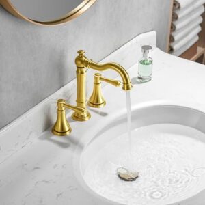 Roffenny Brushed Gold Bathroom Faucet 3 Hole, 8 inch Widespread Bathroom Sink Faucets Brushed Gold with Pop-up Drain Assembly, Traditional Two Handle Bath Vanity Faucet, 8" Spread Bathroom Faucets