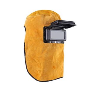 leather welding hood welder mask breathable welding helmet for eyes face neck protection leather welding mask with lens, yellow