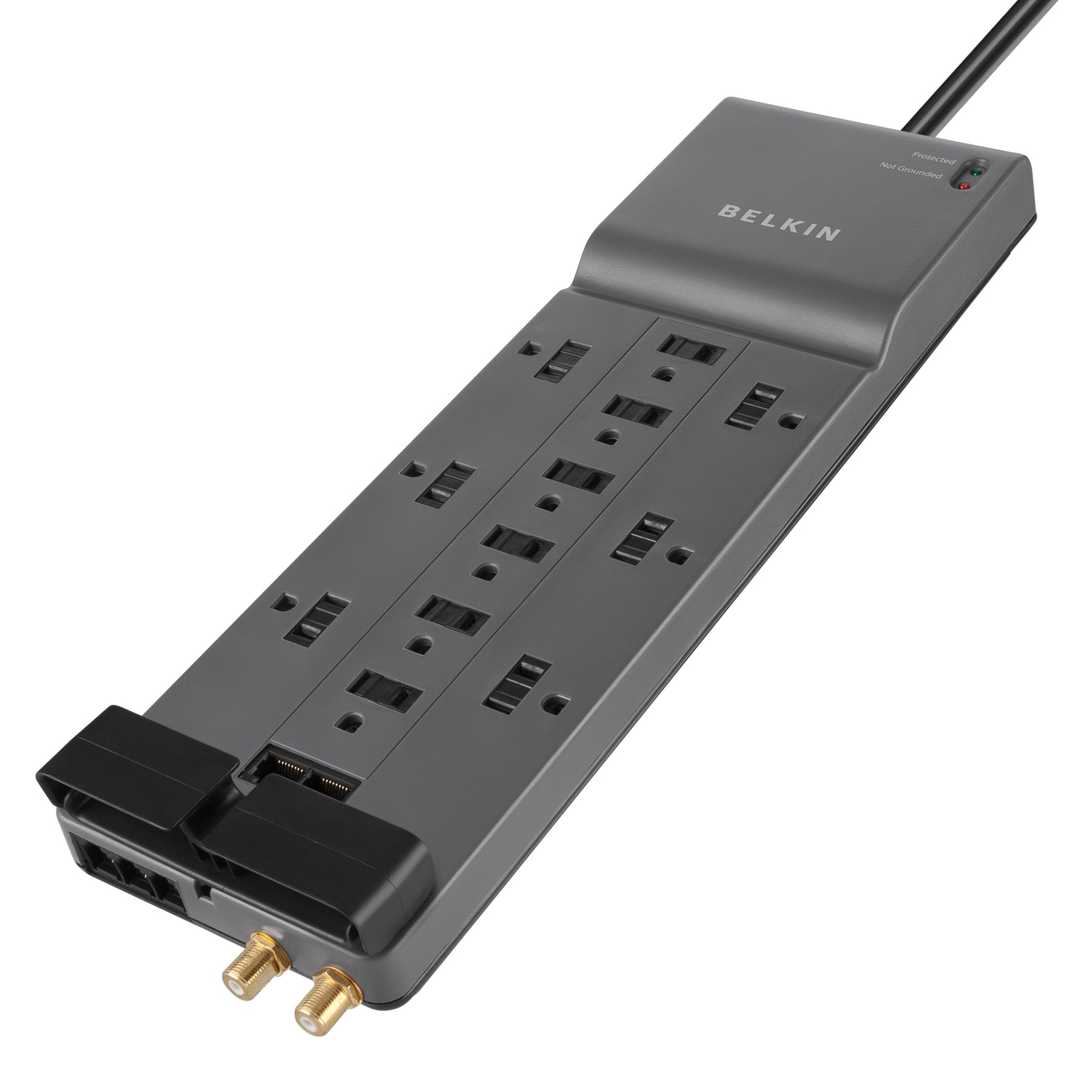 Belkin 12-Outlet Power Strip Surge Protector, Flat Plug, 10ft Cord (4156 Joules), Gray & 6-Outlet Power Strip Surge Protector, Flat Rotating Plug, 6ft Cord (600 Joules)