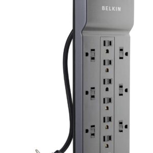 Belkin 12-Outlet Power Strip Surge Protector, Flat Plug, 10ft Cord (4156 Joules), Gray & 6-Outlet Power Strip Surge Protector, Flat Rotating Plug, 6ft Cord (600 Joules)