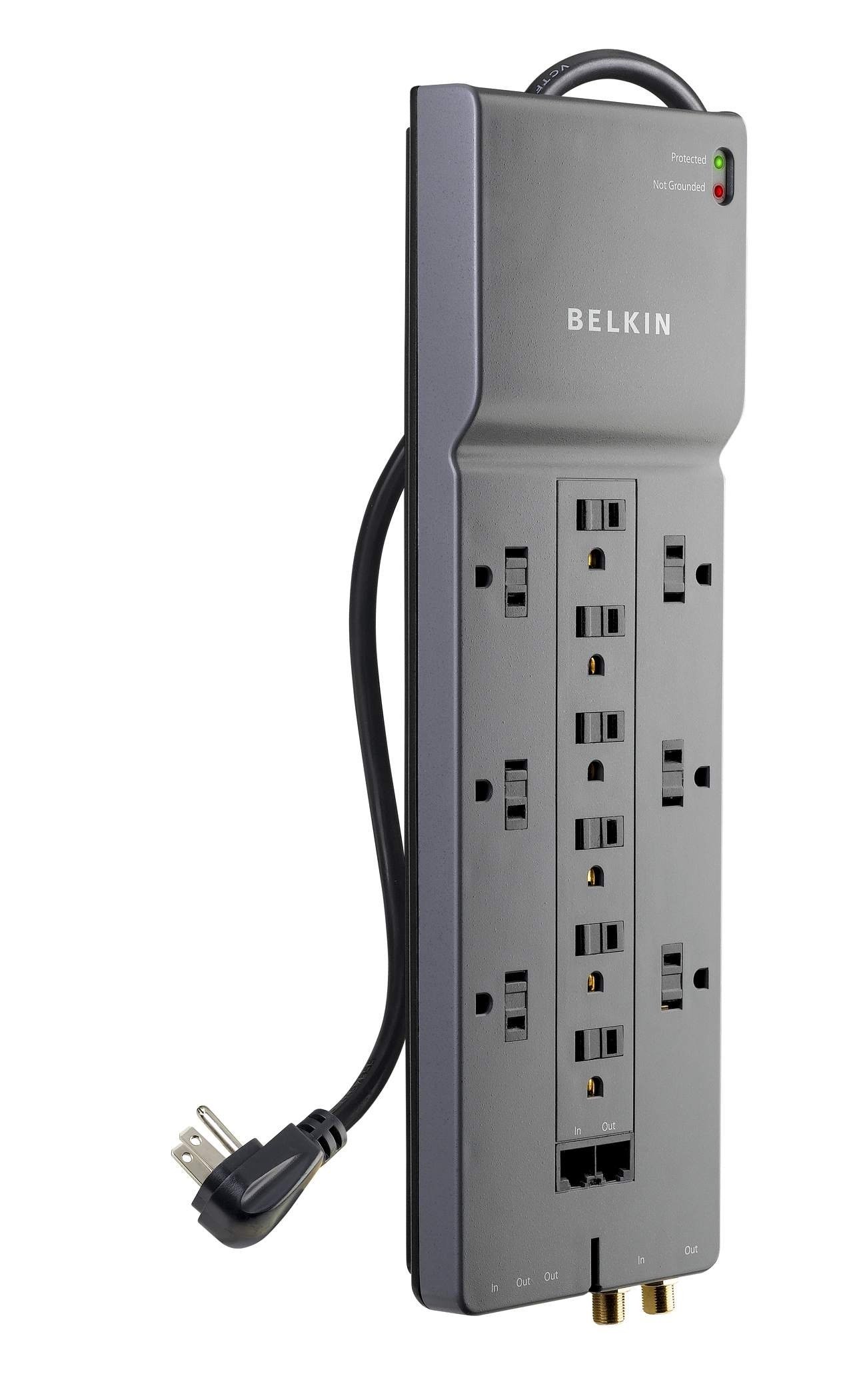 Belkin 12-Outlet Power Strip Surge Protector, Flat Plug, 10ft Cord (4156 Joules), Gray & 6-Outlet Power Strip Surge Protector, Flat Rotating Plug, 6ft Cord (600 Joules)