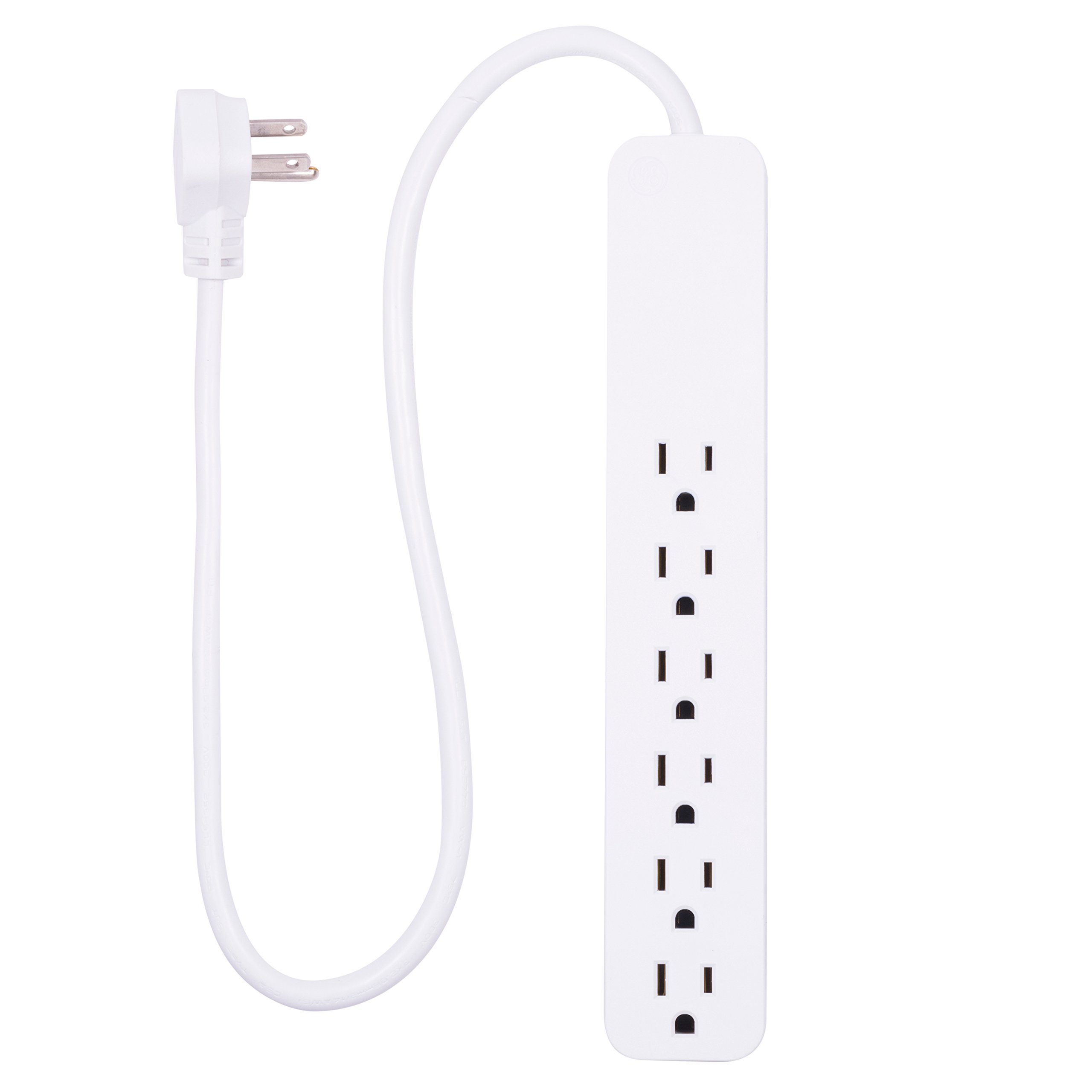 GE Power Strip Surge Protector, 6 Outlets, Flat Plug, 2ft Power Cord, Wall Mount, White, 40532 & Designer 1 Ft. Power Strip, 3 Grounded Outlets, Flat Plug, Mini Cord, Premium, White, 45190