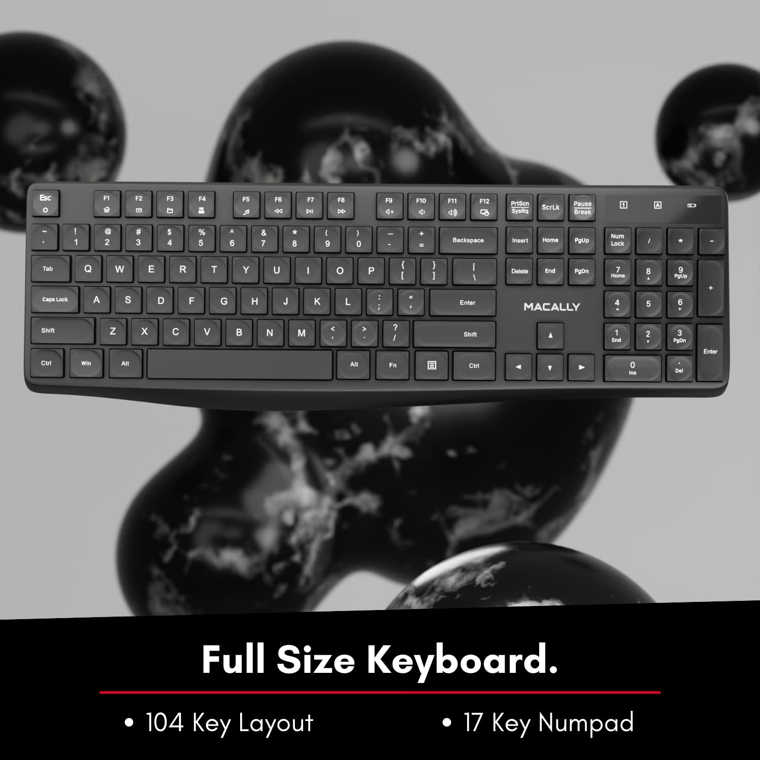 Macally Wireless Keyboard - 2.4G Ergonomic Full-Size Computer Keyboard Wireless with Numeric Keypad and 13 Shortcut Keys - External Keyboard for Laptop, Windows Desktop PC, or Chromebook with USB Port