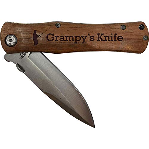 CustomGiftsNow Grampy's Fishing Folding Wood Pocket Knife with Pocket Clip