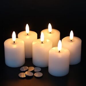genswin flameless pillar candles flickering with timer, battery operated real wax led votive 3d wick candles 6 pack white(battery include, 2 x 3.2 inch)