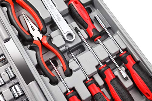 CARTMAN 205 Piece Tool Set Ratchet Wrench with Sockets Kit in Plastic Toolbox Red