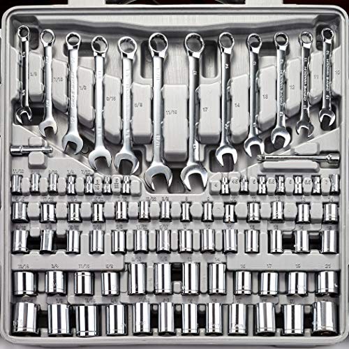 CARTMAN 205 Piece Tool Set Ratchet Wrench with Sockets Kit in Plastic Toolbox Red