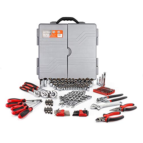 CARTMAN 205 Piece Tool Set Ratchet Wrench with Sockets Kit in Plastic Toolbox Red