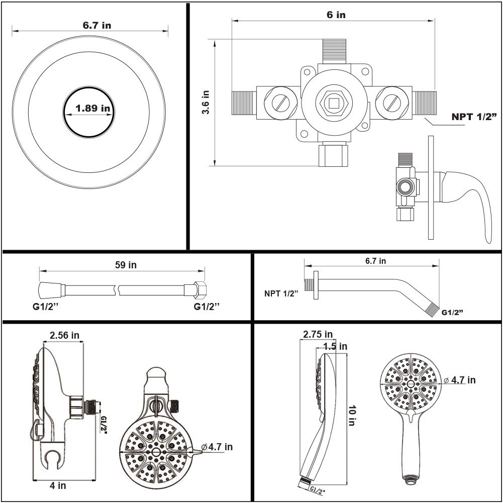 POP SANITARYWARE Black Dual-Function Shower Faucet Set with Valve Bathroom High Pressure 35 Setting Dual 2 in 1 Shower System with Handheld Showerhead 3-way Water Diverter Shower Trim Kit