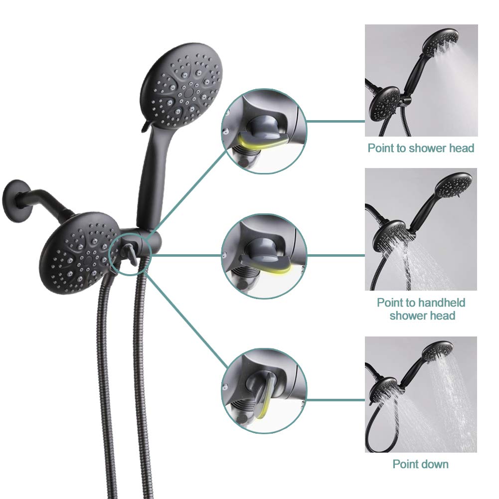 POP SANITARYWARE Black Dual-Function Shower Faucet Set with Valve Bathroom High Pressure 35 Setting Dual 2 in 1 Shower System with Handheld Showerhead 3-way Water Diverter Shower Trim Kit