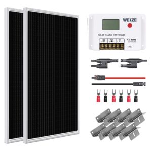 weize 200w 12 volt solar panel starter kit with 30a pwm charge controller, high efficiency monocrystalline pv module for home, camping, boat, caravan, rv and other off grid applications