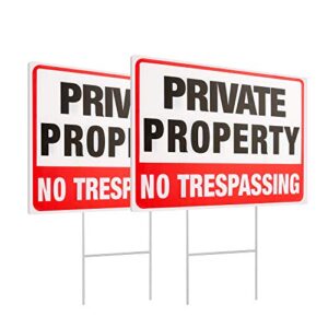 MUXYH 2 Pack Private Property No Trespassing Signs with Metal Wire H-Stakes, 12'' X 9'' Corrugated Plastic Double Sided No Trespassing Sign Protect Your Home, Safety and Privacy