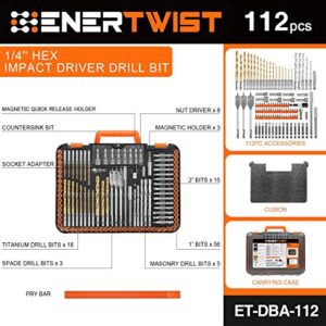 ENERTWIST Drill Bit Set, 112-Pieces 1/4" Hex Shank Impact Driver Bits and Screwdriver Bits Set Assorted in Tough Case for Wood Metal Cement Drilling and Screw Driving, ET-DBA-112