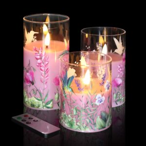 eywamage pink hummingbird floral glass flameless candles with remote, real wax flickering battery led pillar candles set of 3