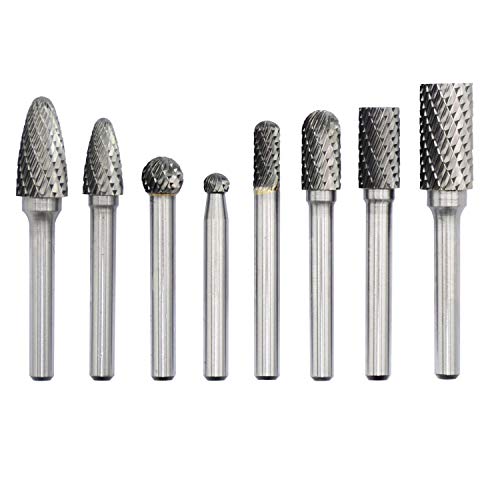 Carbide Burr Set 8pcs with 1/4''Shank Double Cut Solid Power Tools Tungsten Carbide Rotary Files Bits for Die Grinder Metal Wood Carving Engraving Polishing Drilling Grinding Milling Cutting