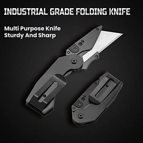 Lichamp 6 Pack Folding Utility Knife Set, Pocket Box Cutter with Belt Clip, Includes Extra 30 Pieces Quick Change Blade, Stainless Steel Grip with SK5 Blade