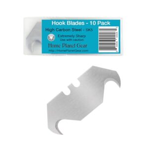 hook blade 10 pack utility knife hooked razor blades - ten super sharp refill blades in convenient storage box - heavy duty sk5 replacement blades for carpet, roofing blade knife, box cutter