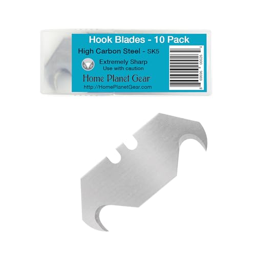 Hook Blade 10 Pack Utility Knife Hooked Razor Blades - Ten Super Sharp Refill Blades in Convenient Storage Box - Heavy Duty SK5 Replacement Blades for Carpet, Roofing Blade Knife, Box Cutter