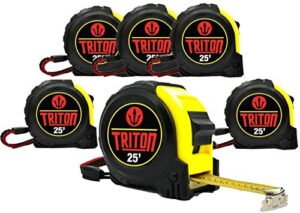 triton - 6 pack - 25 ft tape measures - easy to read fractions to 1/8th inch - magnetic claw tip - thumb and quick lock - autowind - belt clip